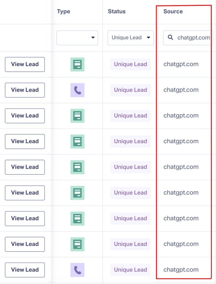 Скриншот CRM: заявки и звонки клиентов с источником chatgpt.com