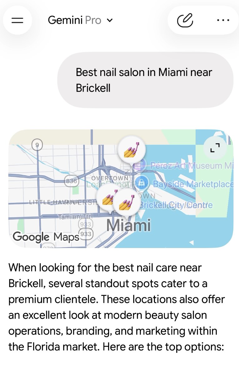 Ответ Gemini на запрос «best nail salon in Miami near Brickell» с картой Google Maps и рекомендациями салонов